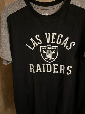 Majestic Black and Gray Las Vegas Raiders Tee with White Print.